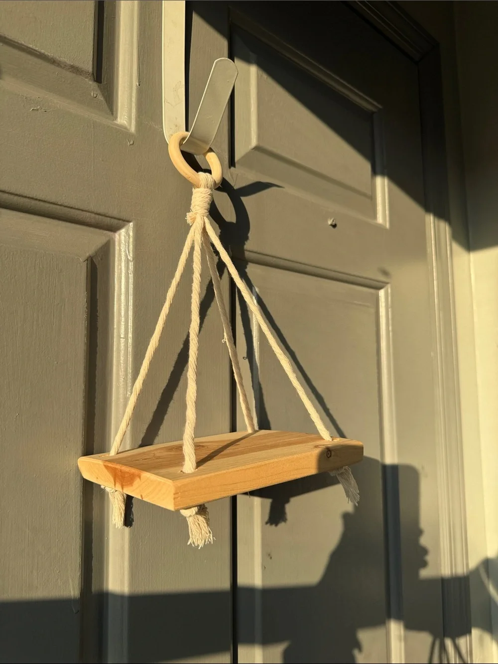Natural Wood Hanging Wall Shelf with Cream Rope